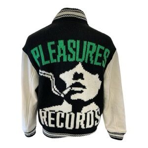 Pleasures Mens Sz M Smoke Knit Black White Varsity Jacket Pleasures Records Zip